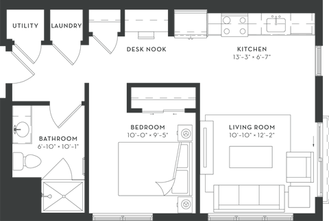 Floor plan for studio, 1 bath, 598 sqft
